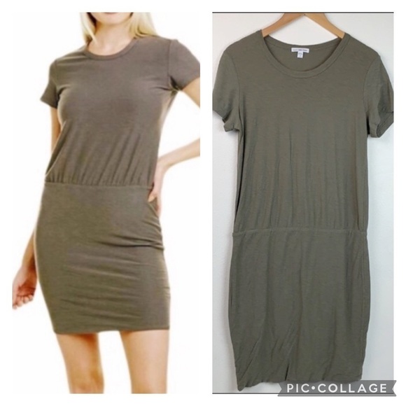 James Perse olive blouson T shirt mini dress shirred pencil skirt silhouette EUC - Picture 1 of 10
